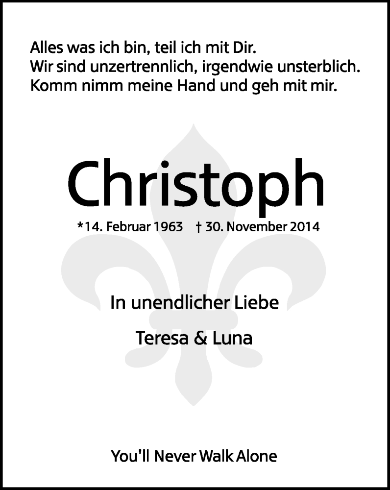  Traueranzeige für Christoph Gude vom 06.12.2014 aus Echo-Zeitungen (Gesamtausgabe)