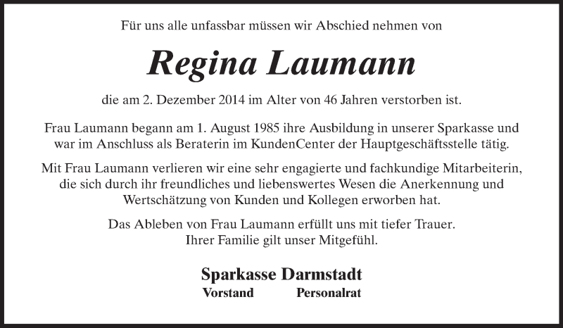  Traueranzeige für Regina Laumann vom 06.12.2014 aus Echo-Zeitungen (Gesamtausgabe)