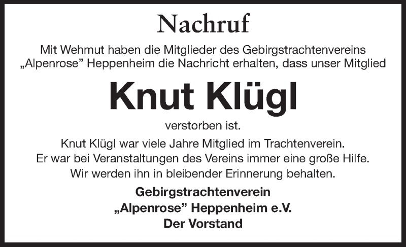  Traueranzeige für Knut Klügl vom 06.12.2014 aus Starkenburger Echo