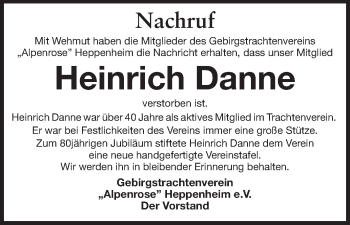 Traueranzeige von Heinrich Danne von Starkenburger Echo