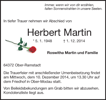 Traueranzeige von Herbert Martin von Echo-Zeitungen (Gesamtausgabe)