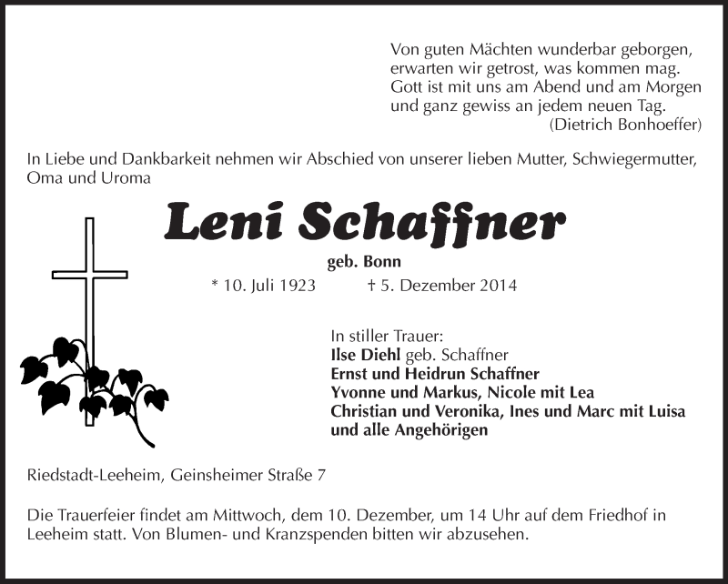  Traueranzeige für Leni Schaffner vom 08.12.2014 aus Rüsselsheimer Echo, Groß-Gerauer-Echo, Ried Echo