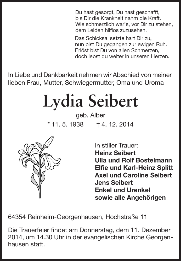  Traueranzeige für Lydia Seibert vom 08.12.2014 aus Echo-Zeitungen (Gesamtausgabe)