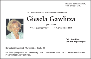 Traueranzeige von Giesela Gawlitza von Echo-Zeitungen (Gesamtausgabe)
