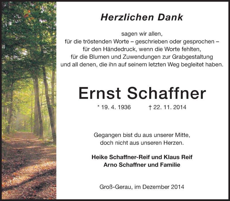  Traueranzeige für Ernst Schaffner vom 10.12.2014 aus Rüsselsheimer Echo, Groß-Gerauer-Echo, Ried Echo
