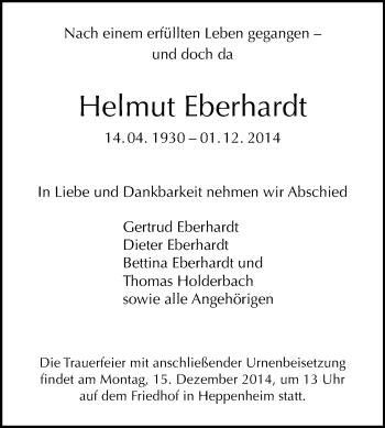 Traueranzeige von Helmut Eberhardt von Starkenburger Echo