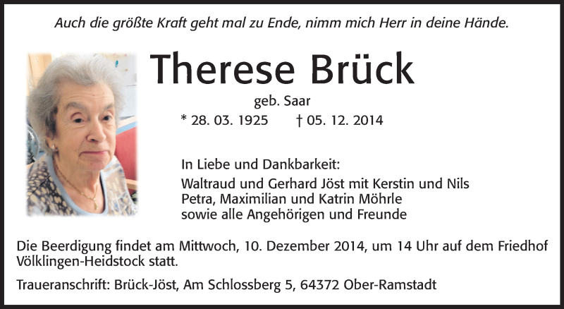  Traueranzeige für Therese Brück vom 09.12.2014 aus Darmstädter Echo, Odenwälder Echo, Rüsselsheimer Echo, Groß-Gerauer-Echo, Ried Echo