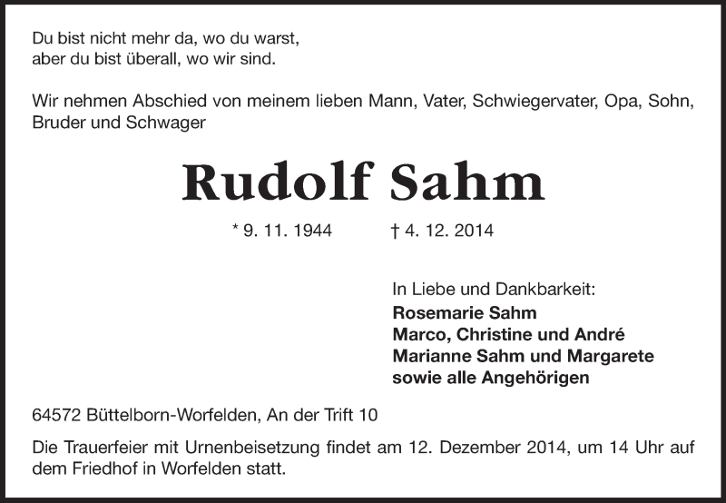  Traueranzeige für Rudolf Sahm vom 10.12.2014 aus Rüsselsheimer Echo, Groß-Gerauer-Echo, Ried Echo
