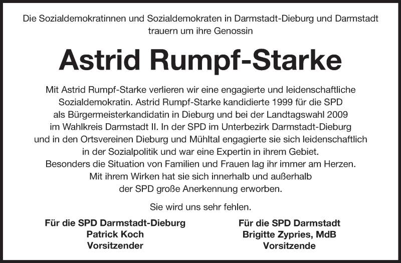  Traueranzeige für Astrid Rumpf-Starke vom 09.12.2014 aus Echo-Zeitungen (Gesamtausgabe)