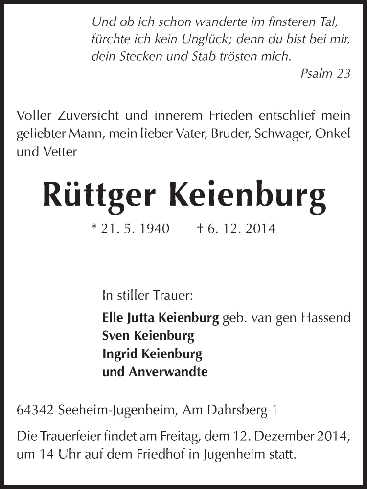  Traueranzeige für Rüttger Keienburg vom 09.12.2014 aus Echo-Zeitungen (Gesamtausgabe)