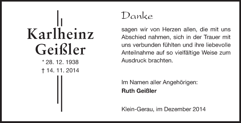  Traueranzeige für Karlheinz Geißler vom 11.12.2014 aus Rüsselsheimer Echo, Groß-Gerauer-Echo, Ried Echo