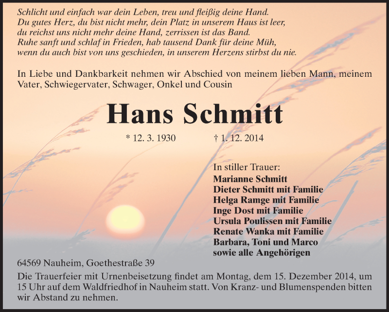  Traueranzeige für Hans Schmitt vom 11.12.2014 aus Rüsselsheimer Echo, Groß-Gerauer-Echo, Ried Echo