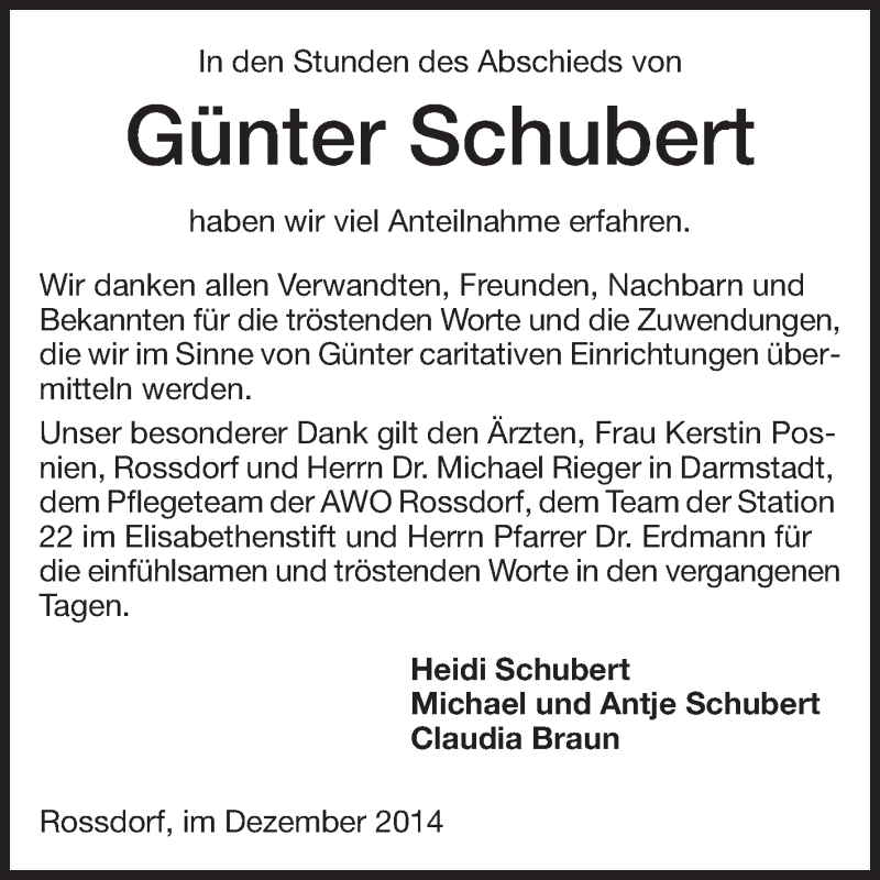  Traueranzeige für Günter Schubert vom 13.12.2014 aus Echo-Zeitungen (Gesamtausgabe)