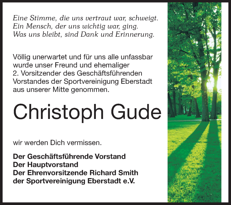  Traueranzeige für Christoph Gude vom 10.12.2014 aus Echo-Zeitungen (Gesamtausgabe)