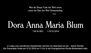 Traueranzeige von Dora Anna Maria Blum von Echo-Zeitungen (Gesamtausgabe)