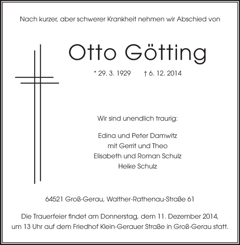 Traueranzeige für Otto Götting vom 10.12.2014 aus Rüsselsheimer Echo, Groß-Gerauer-Echo, Ried Echo
