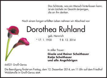 Traueranzeige von Dorothea Ruhland von Rüsselsheimer Echo, Groß-Gerauer-Echo, Ried Echo