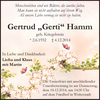 Traueranzeige von Gertrud Hamm von Echo-Zeitungen (Gesamtausgabe)