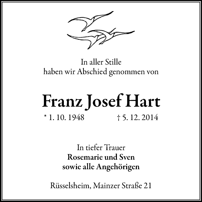  Traueranzeige für Franz Josef Hart vom 19.12.2014 aus Rüsselsheimer Echo, Groß-Gerauer-Echo, Ried Echo