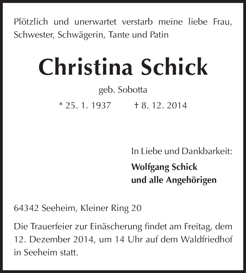  Traueranzeige für Christina Schick vom 10.12.2014 aus Echo-Zeitungen (Gesamtausgabe)