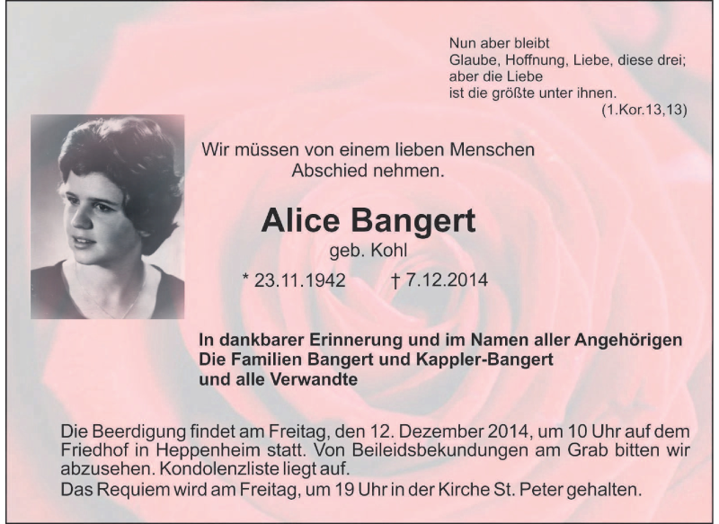  Traueranzeige für Alice Bangert vom 11.12.2014 aus Starkenburger Echo