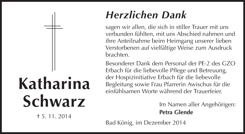  Traueranzeige für Katharina Schwarz vom 13.12.2014 aus Odenwälder Echo