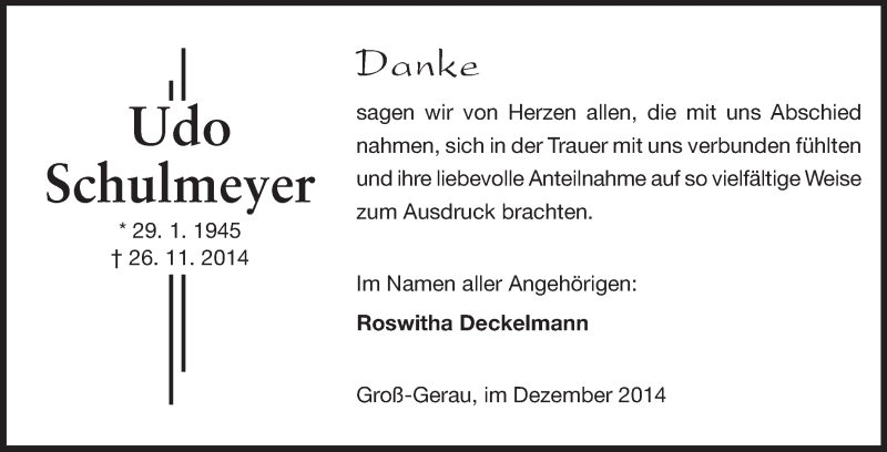  Traueranzeige für Udo Schulmeyer vom 13.12.2014 aus Rüsselsheimer Echo, Groß-Gerauer-Echo, Ried Echo