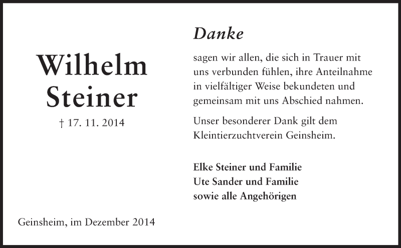  Traueranzeige für Wilhelm Steiner vom 13.12.2014 aus Rüsselsheimer Echo, Groß-Gerauer-Echo, Ried Echo