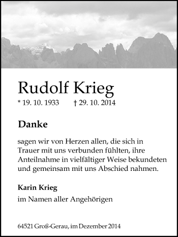 Traueranzeige von Rudolf Krieg von Rüsselsheimer Echo, Groß-Gerauer-Echo, Ried Echo