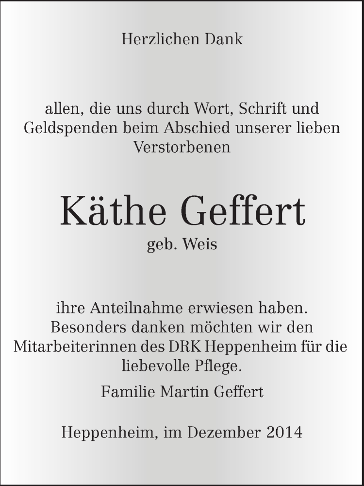  Traueranzeige für Käthe Geffert vom 13.12.2014 aus Starkenburger Echo