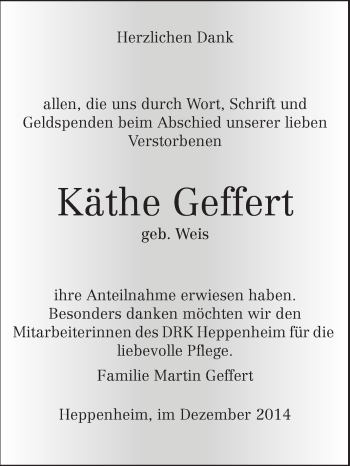 Traueranzeige von Käthe Geffert von Starkenburger Echo