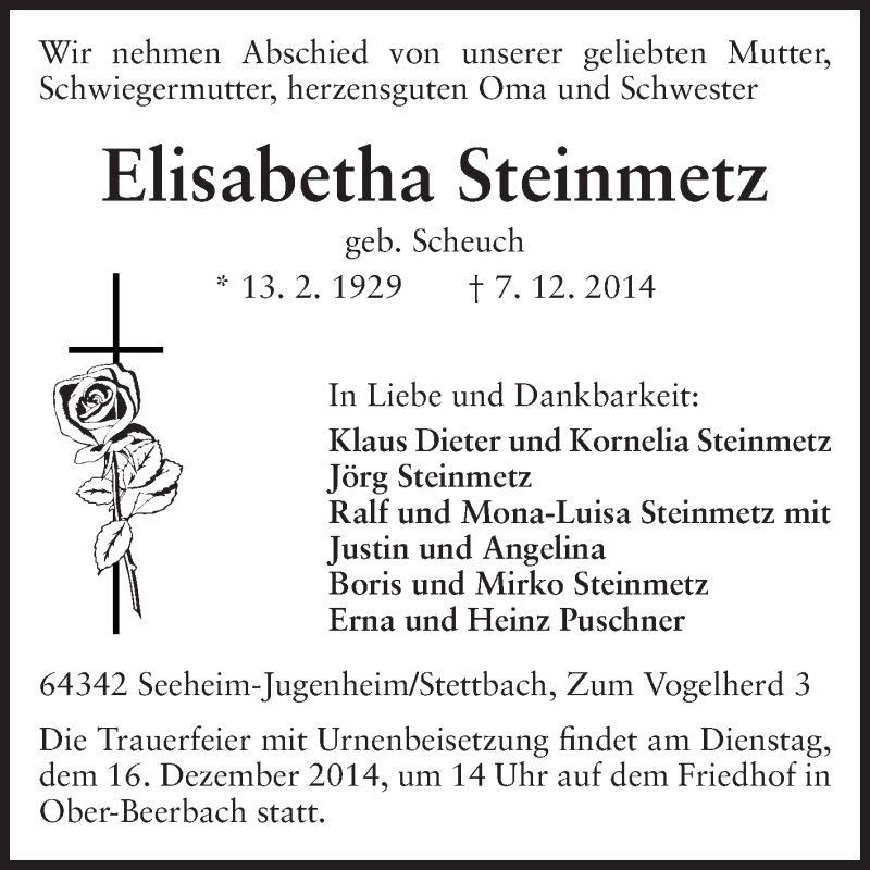  Traueranzeige für Elisabetha Steinmetz vom 12.12.2014 aus Echo-Zeitungen (Gesamtausgabe)