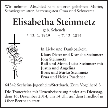 Traueranzeige von Elisabetha Steinmetz von Echo-Zeitungen (Gesamtausgabe)