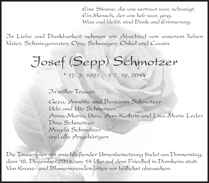  Traueranzeige für Josef Schmotzer vom 13.12.2014 aus Rüsselsheimer Echo, Groß-Gerauer-Echo, Ried Echo