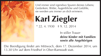 Traueranzeige von Karl Ziegler von Echo-Zeitungen (Gesamtausgabe)