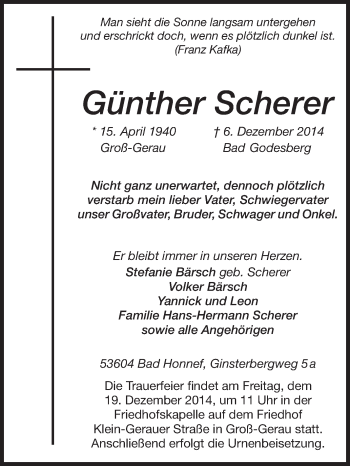Traueranzeige von Günther Scherer von Rüsselsheimer Echo, Groß-Gerauer-Echo, Ried Echo