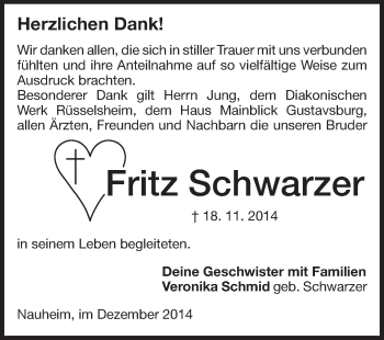 Traueranzeige von Fritz Schwarzer von Rüsselsheimer Echo, Groß-Gerauer-Echo, Ried Echo