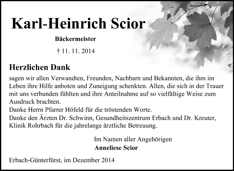  Traueranzeige für Karl-Heinrich Scior vom 13.12.2014 aus Odenwälder Echo
