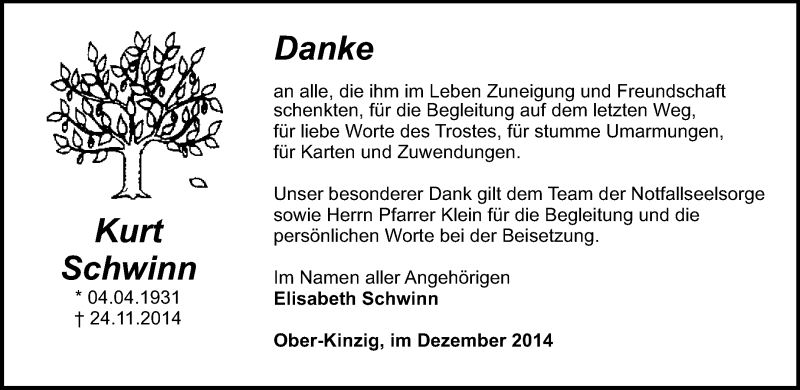  Traueranzeige für Kurt Schwinn  vom 19.12.2014 aus Odenwälder Echo
