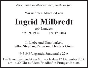 Traueranzeige von Ingrid Milbredt von Echo-Zeitungen (Gesamtausgabe)