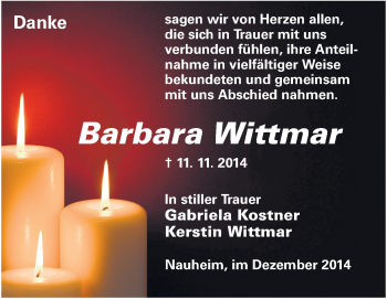 Traueranzeige von Barbara Wittmar von Rüsselsheimer Echo, Groß-Gerauer-Echo, Ried Echo