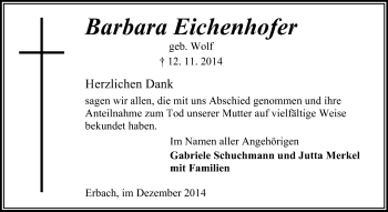 Traueranzeige von Barbara Eichenhofer von Odenwälder Echo