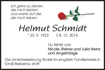 Traueranzeige von Helmut Schmidt von Echo-Zeitungen (Gesamtausgabe)