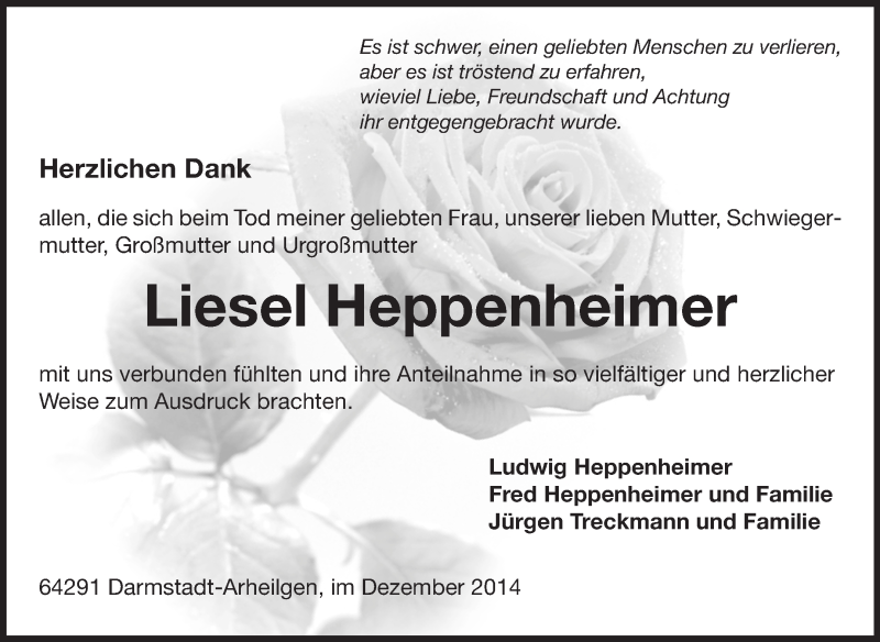  Traueranzeige für Liesel Heppenheimer vom 13.12.2014 aus Echo-Zeitungen (Gesamtausgabe)