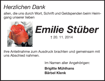 Traueranzeige von Emilie Stüber von Echo-Zeitungen (Gesamtausgabe)
