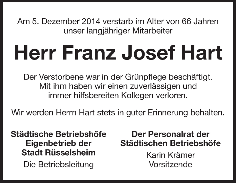  Traueranzeige für Franz Josef Hart vom 18.12.2014 aus Rüsselsheimer Echo, Groß-Gerauer-Echo, Ried Echo