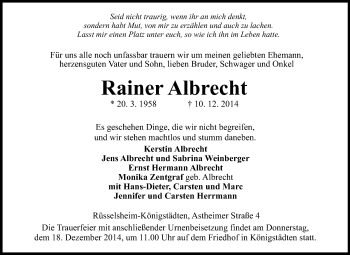 Traueranzeige von Rainer Albrecht von Rüsselsheimer Echo, Groß-Gerauer-Echo, Ried Echo