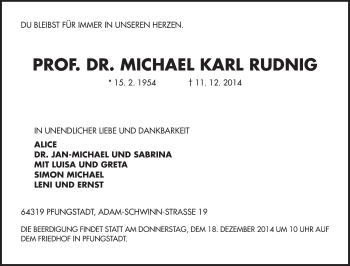 Traueranzeige von Michael Karl Rudnig von Echo-Zeitungen (Gesamtausgabe)