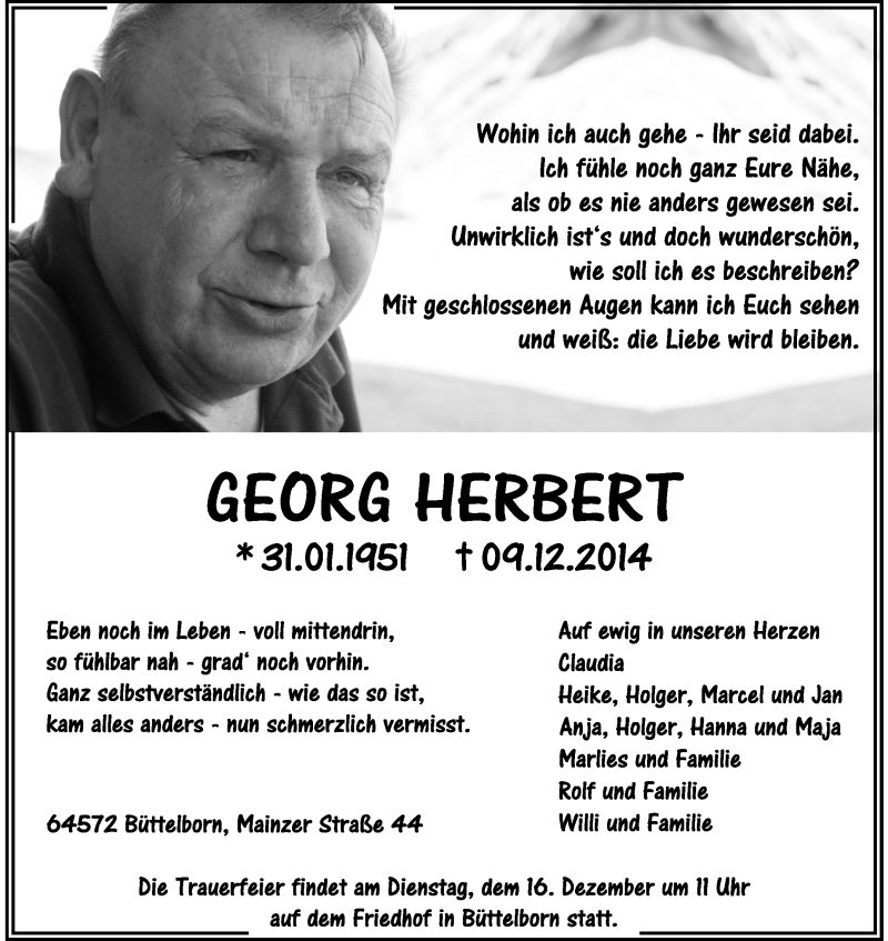  Traueranzeige für Georg Herbert vom 13.12.2014 aus Rüsselsheimer Echo, Groß-Gerauer-Echo, Ried Echo