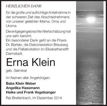 Traueranzeige von Erna Klein von Odenwälder Echo